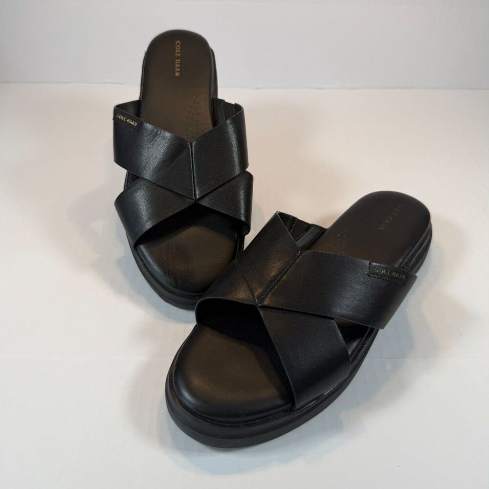 Cole Haan Black Leather Crisscross Platform Slide Sandals 10B Minimalist
